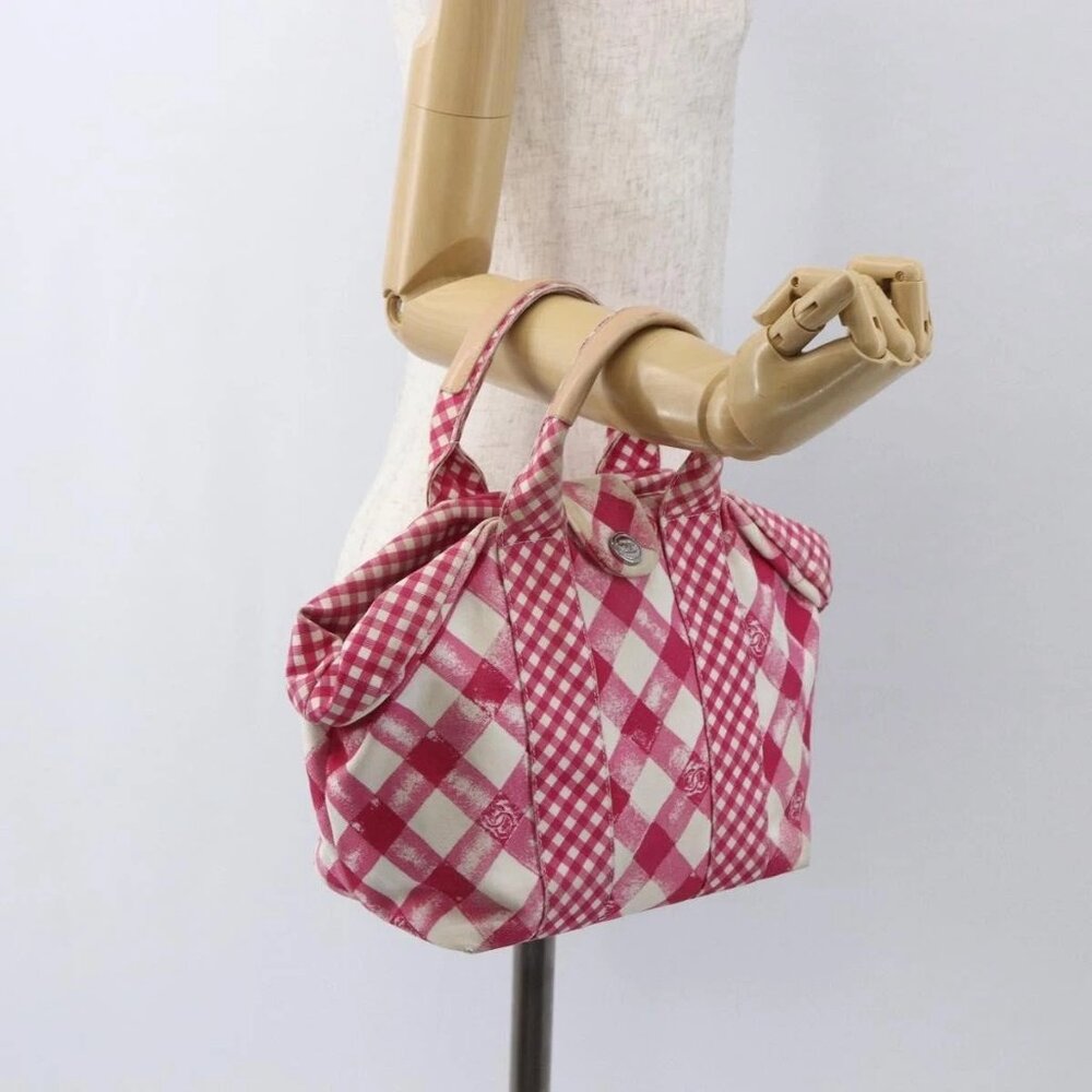CHANEL Cruise Line Hand Bag Canvas Pink Silver CC Auth 158031